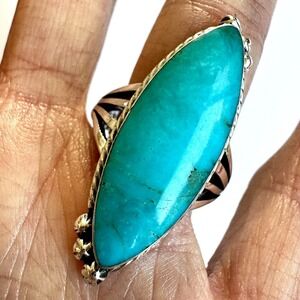 Navajo Long Turquoise Ring Sz 10 Sterling Coho Marquis‎ Native American